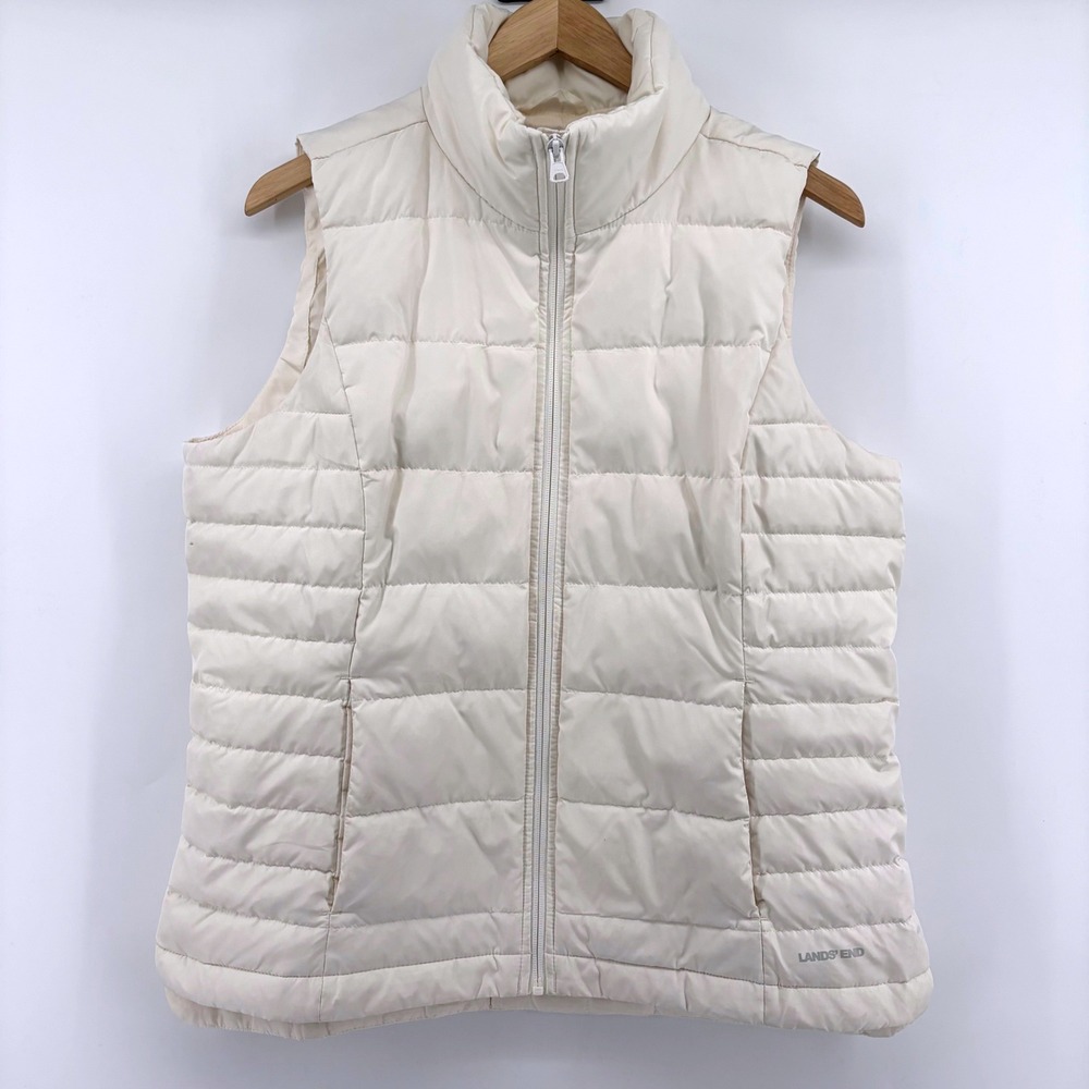 Lands End Womens Cream White Down Puffer‎ Vest Quilted Full Zip Size M 10-12